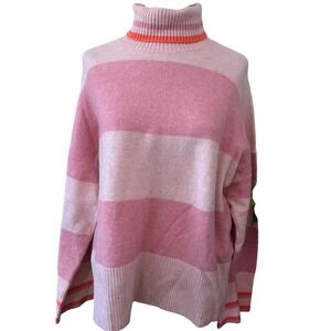 J.Crew Supersoft Yarn Striped Turtleneck Sweater M Pink Ivory Orange Ribbed Hem